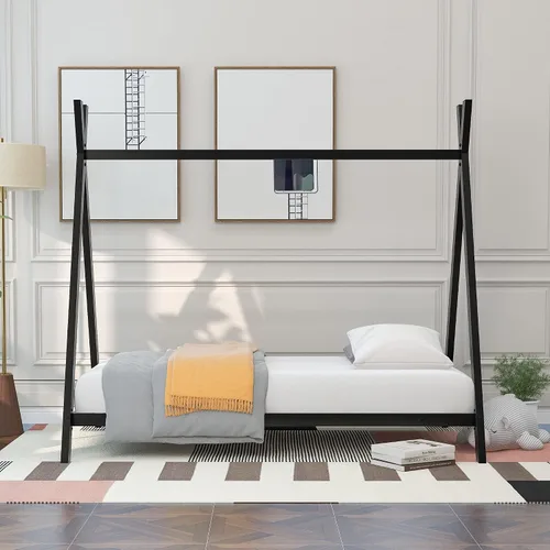 Vista 3 de Cama de casa individual para niños, marco de cama de casa, tienda de campaña, tamaño individual, cama de juego de metal con listones para niños