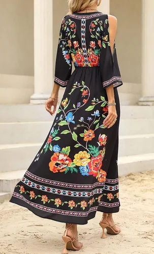 Vista 4 de futurino Vestido midi bohemio con estampado floral para mujer, cuello en V, manga 34, acampanado, con abertura, listo para las vacaciones, tribal