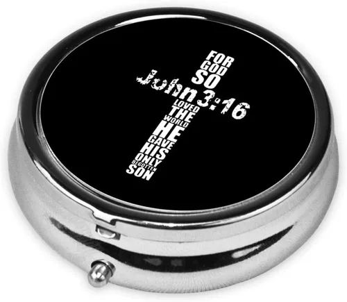 Vista 2 de Religious Cross John 3-16 Pastillero redondo simplificar la rutina diaria de medicamentos