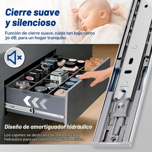 Vista 4 de YENUO Diapositivas de cajón resistentes de cierre suave, montaje lateral de extensión completa de 12, 14, 16, 18, 20, 22, 24, 26, 28, 30, 32