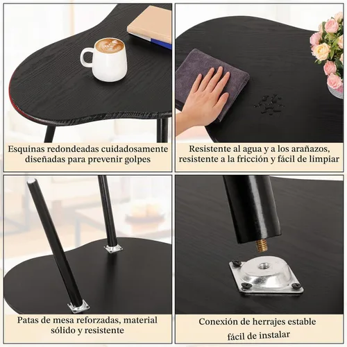 Vista 6 de Pequeña mesa de centro de nube negra para espacios pequeños, mesa de centro moderna, diseño irregular único con patas de madera, mesa de sofá