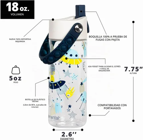Vista 2 de Elemental Botellas de agua para niños – Botella de agua para niños Splash para la escuela con mango Pop-it – Botella de agua de plástico Tritan sin