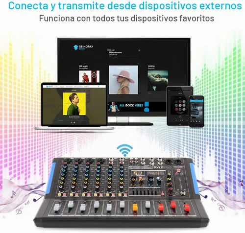 Vista 5 de Pyle Mezclador de audio estilo consola de 8 canales con Bluetooth - Controlador de sonido DJ, 8 entradas XLR / combinado, salida sub, +48V Phantom