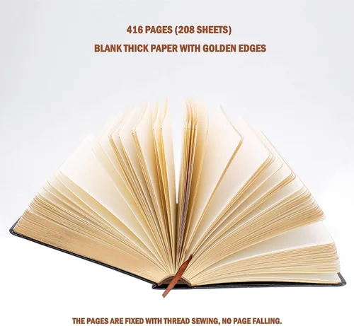 Vista 2 de Diario grueso, papel en blanco de calidad superior, con borde dorado, cuaderno de tapa dura con cubierta negra suave de piel sintética, de 416