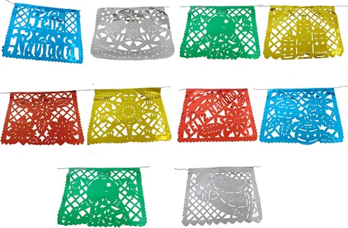 Vista 7 de Paquete de 2 pancartas de papel picado metálico de 16 pies, decoraciones mexicanas auténticas artesanales, hechas a mano, papel picado, Navidad