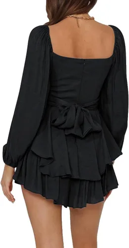Vista 2 de LYANER - Enterizo con volantes de manga larga estilo farol y con lazo para mujer, rómper corto