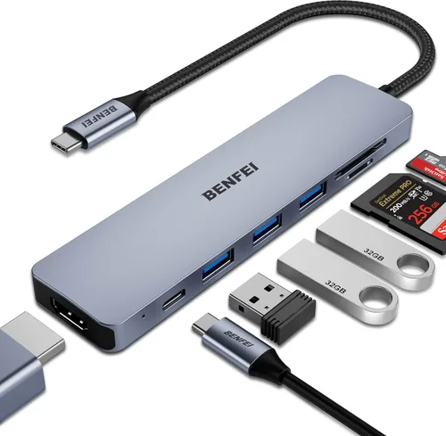 Vista 10 de BENFEI Hub USB C 5 en 1 con HDMI 4K (certificado), entrega de energía de 100W, 3 USB-A, cable de silicona, carcasa de aluminio compatible