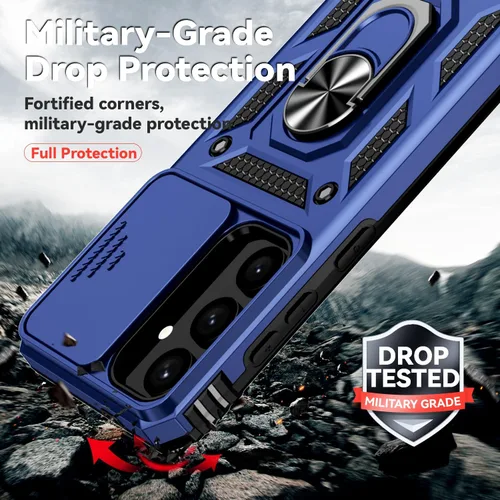 Vista 8 de Funda para Samsung Galaxy S24 Plus, funda de plástico duro de goma de silicona suave con cubierta de lente de cámara deslizante, anillo giratorio