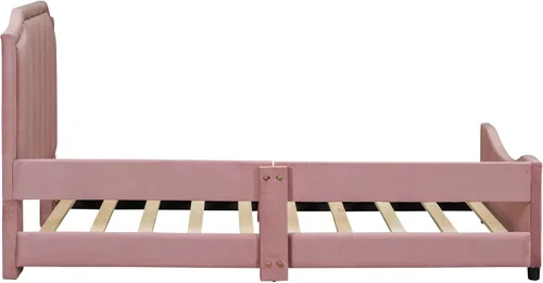 Vista 5 de Sofá cama tapizado tamaño individual, bonito sofá cama de cuero de terciopelo con cabecera clásica en forma de rayas, base de cama de madera