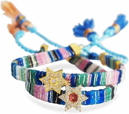 Vista 18 de Alef Bet by Paula Macrame Friendship Bracelet in Shades of Blue with Gold-plated Jewish Star of David Charm
