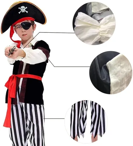 Vista 6 de Qingzhuan Disfraz de pirata para niños, disfraz para niños con sombreros, accesorios de pirata, disfraz para Halloween, fiesta de piratas
