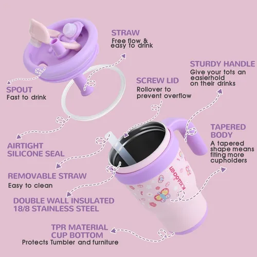 Vista 9 de KXIAOCHEN Vaso para niños de 14 onzas con asa para evitar derrames, vaso aislado reutilizable de acero inoxidable para niños pequeños, mantiene