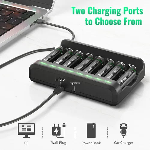 Vista 5 de BONAI Baterías recargables AA 2800mAh 8pack con cargador inteligente para AA AAA C D NiMH batería