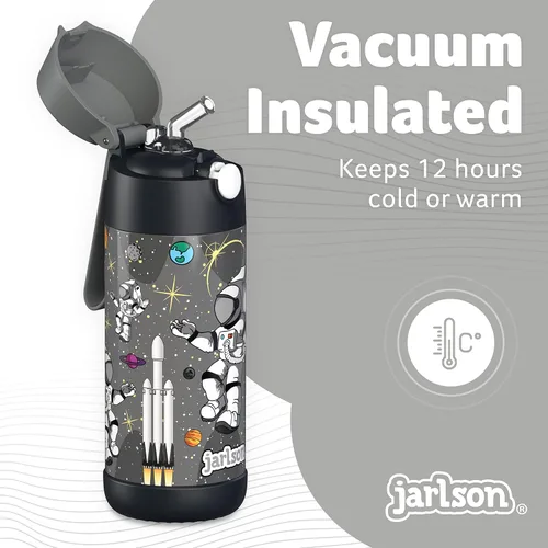 Vista 2 de Jarlson® CHARLI - Botella de agua para niños [12 onzas], botella térmica de acero inoxidable con pajilla, botella de agua aislada a prueba