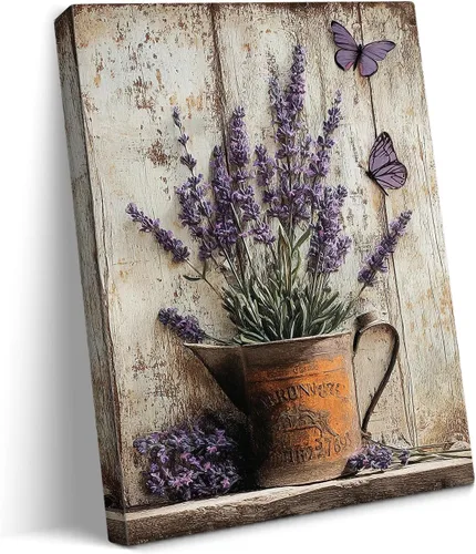 Vista 16 de gaosoul Arte de Pared de Lienzo de Granja Pintura de Campo Francés con Ramo de Lavanda Mariposas Fondo de Madera Envejecida Póster Floral Enmarcado