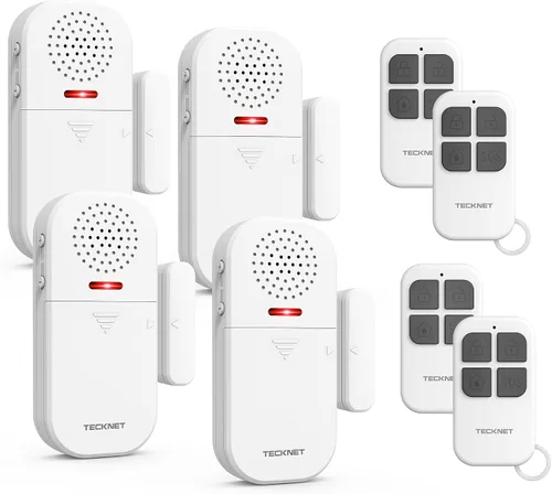 Vista 8 de TECKNET Alarma de puerta inalámbrica con control remoto, sensor de puerta de 130 dB con flash LED, 4 modos de alerta y 5 volúmenes ajustables
