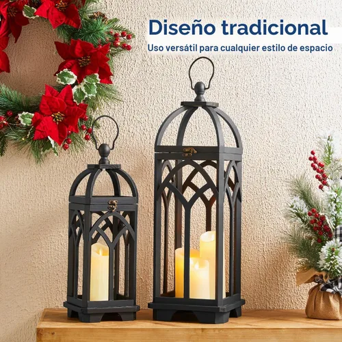 Vista 2 de Glitzhome Faroles decorativos de madera para velas, faroles con marco de madera para ventana de iglesia, para boda, chimenea, entrada, hogar, patio