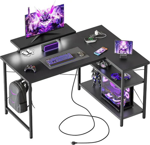 Vista 36 de Mericonia Escritorio pequeño en forma de L para computadora con tomas de corriente, escritorio de juegos para espacios pequeños, escritorio