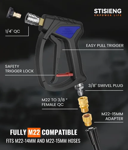 Vista 6 de Pistola de lavado a presión corta con giro de 360°, kit de pistola de lavado de alta presión con 5 puntas de boquilla, adaptadores M22-0.551 in