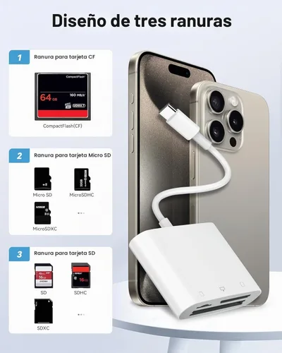 Vista 2 de Lector de tarjetas SD USB C para iPhone 15/teléfono Android/iPad/Mac/computadora portátil, lector de tarjetas micro SD de tres ranuras para tarjetas