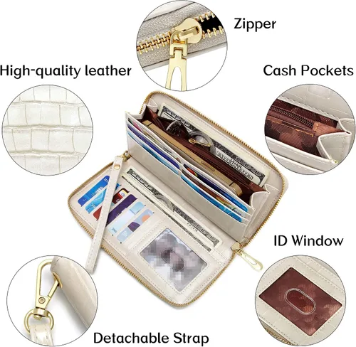 Vista 5 de Badiya Cartera para mujer con bloqueo RFID de cuero con cremallera de gran capacidad para tarjetas de crédito bolso largo Blanco