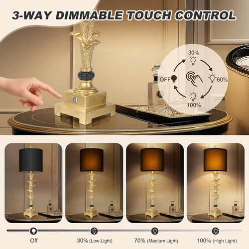 Vista 3 de Juego de 2 lámparas de mesa para sala de estar, lámparas táctiles regulables de 3 vías con puertos USB A+C, acabado en hoja de oro, lámparas