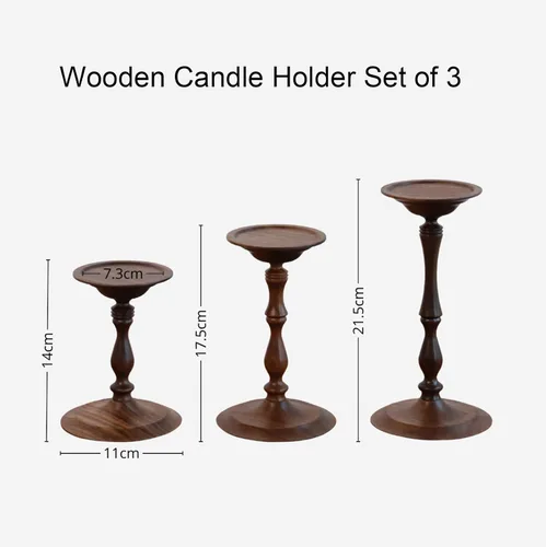 Vista 2 de Juego de 3 portavelas de madera, candelabros de madera de nogal negro, decoración de mesa auxiliar para el hogar, centro de mesa para comedor y sala