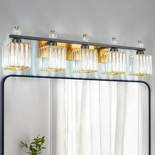 Vista 11 de Luces de Tocador de Baño de 3 Luces, Placado Negro, Modernas Luces de Tocador de Cristal para Baño, Luces de Tocador de Cristal para Usar Sobre