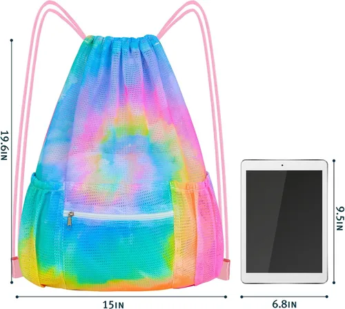 Vista 6 de Mochila de malla con cordón, bolsa de gimnasio deportiva grande para mujeres y niños con bolsillo y cremallera para playa, yoga, fútbol, fútbol