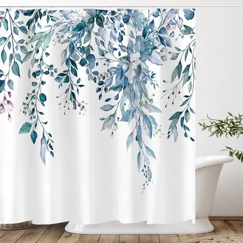 Vista 81 de Tititex - Juego de cortinas de ducha de eucalipto negro, hojas de acuarela gris en la parte superior, con decoración floral de baño, 60 x 72