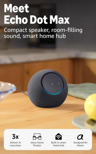 Vista 11 de Amazon Echo Dot Max (modelo más reciente): parlante Alexa con sonido que llena la habitación y graves casi 3 veces más potentes, ideal para salas