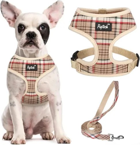 Vista 30 de PUPTECK Juego de arnés y correa de malla suave para perro, cachorro y gato, cómodo chaleco acolchado sin tirones, azul Pascua, S