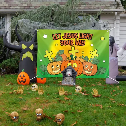 Vista 6 de Preboun 3 carteles de telón de fondo de calabaza cristiana de Halloween para fiestas, 40 x 60 pulgadas, decoración religiosa de tronco o trato