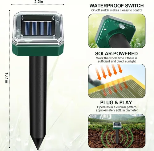 Vista 3 de Tirgo Repelente de topos con energía solar para césped, repelente de serpientes para patio, trampa repelente de troncos de marmota, ultrasónico
