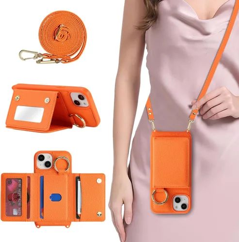 Vista 25 de Funda para iPhone 14 con tarjetero y correa para mujer, cordón cruzado, espejo de maquillaje, soporte de anillo, cierre a presión, bonitas fundas