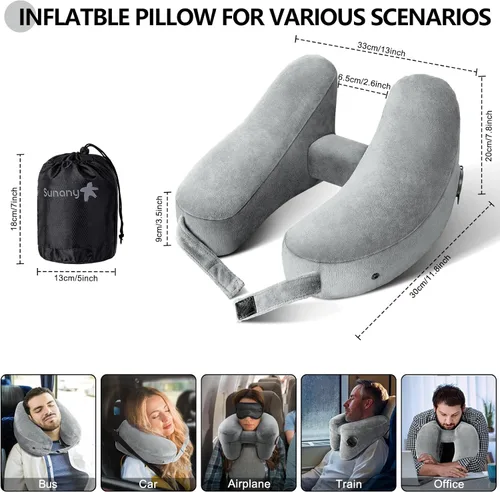 Vista 4 de Sunany Almohada de cuello para viaje, almohada inflable de avión que soporta cómodamente la cabeza, el cuello y la barbilla, almohada de viaje