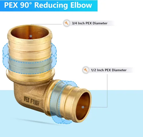 Vista 3 de Paquete de 10 codos reductores de crimpado GUOFIS PEX, 3/4" x 1/2" LF latón PEX montaje codo de 90 grados para tubería Pex (PEX1807064-10)