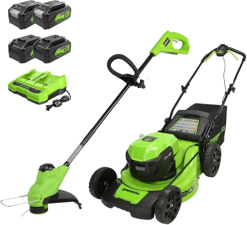 Vista 13 de Greenworks Juego de herramientas de jardín de 5 piezas de 48 V (24 V x 2): cortacésped de empuje de 20 pulgadas, recortadora de cuerdas de 12