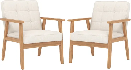 Vista 10 de Silla decorativa moderna con reposabrazos, silla de ocio tapizada de tela de lino con botón de respaldo y marco de madera para sala de estar, Beige