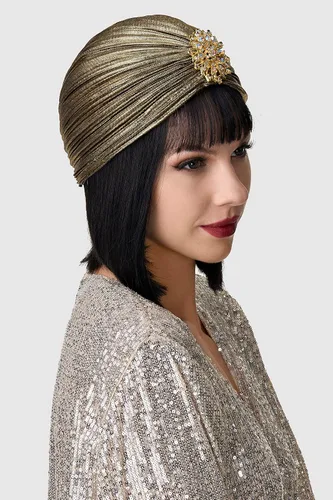 Vista 3 de BABEYOND Turbante para mujer con cristal vintage para la cabeza, turbante plisado (oro oscuro)