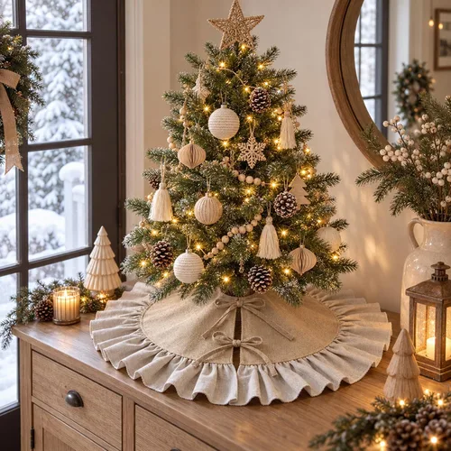 Vista 10 de Falda de Árbol de Navidad de Otoño de Arpillera con Borde de Volantes, 122 cm de Lino Rústico para Decoración de Granja, Adornos de Navidad