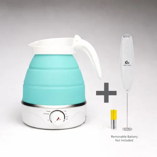 Vista 3 de Nikao Home - Hervidor eléctrico plegable con espumador de leche y taza plegable, hervidor de viaje, hervidor de té portátil para viajes, mini Azul
