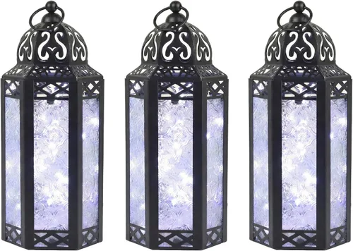 Vista 61 de VELA LANTERNS Juego de 2 portavelas decorativos de LED con luces de hadas de 12" de metal marroquí para colgar o mesa, decoración del hogar