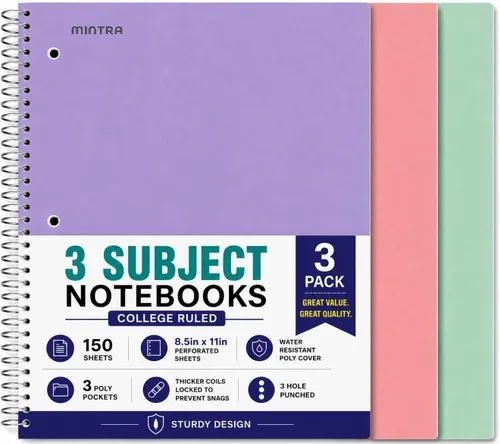 Vista 9 de Mintra Office Cuaderno con espiral duradero, 3 materias, azul pervinca (Arctic Ice), amarillo claro (Sun Yellow) y rosado claro (Spring Pink)