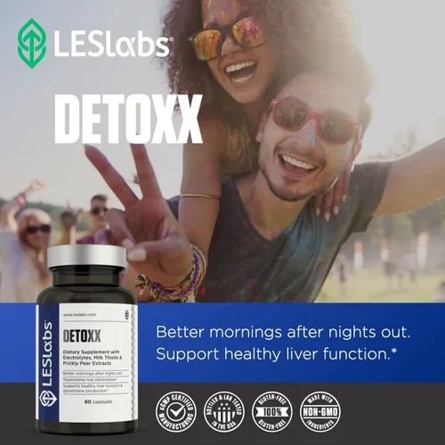 Vista 5 de LES Labs DeToxx – Mejores mañanas y recuperación, apoyo hepático, reposición de electrolitos y apoyo de glutatión – Tuma, cardo mariano y NAC