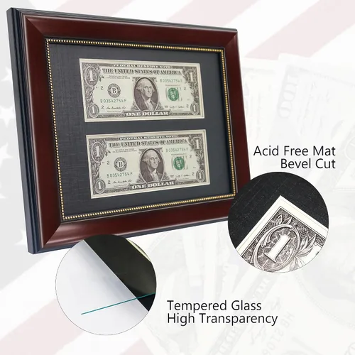 Vista 2 de GMFrames Marco de billetes de dólar de caoba con vidrio real de estera negra