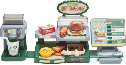 Vista 8 de Juego de hamburguesas con menú de juguete, juego de cocina para niños, soporte retro para comedor para niños, juego de cocina para niños pequeños