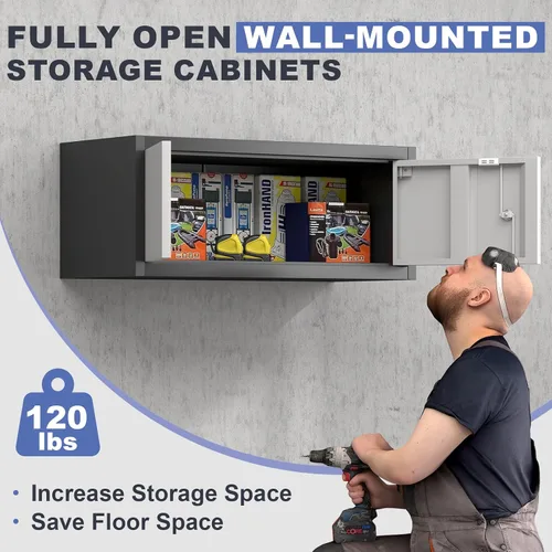 Vista 4 de Gabinete de almacenamiento de metal con cerradura, gabinete de pared de garaje de 12.8" H, almacenamiento de acero con puertas, organización