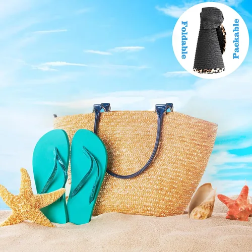 Vista 6 de Sombrero de paja con protección UV, visera de playa, sombrero de ala ancha, estampado de leopardo, enrollable, plegable para mujer