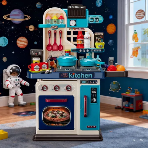 Vista 6 de Juego de cocina para niños, 53 piezas, estufa de cocina, fregadero de juego, horno, juguetes de cocina con luces y sonidos realistas, juguetes